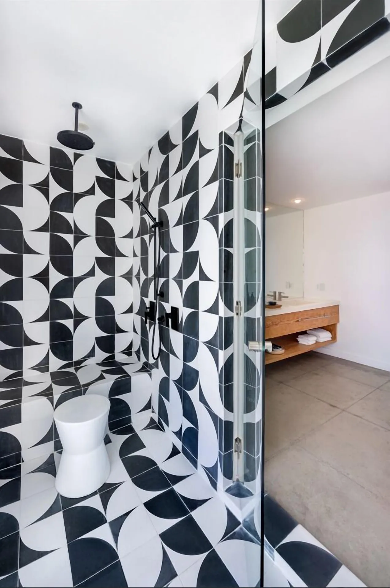 Deluxe Suite One Bedroom shower with black-and-white tile at Hotel El Ganzo.