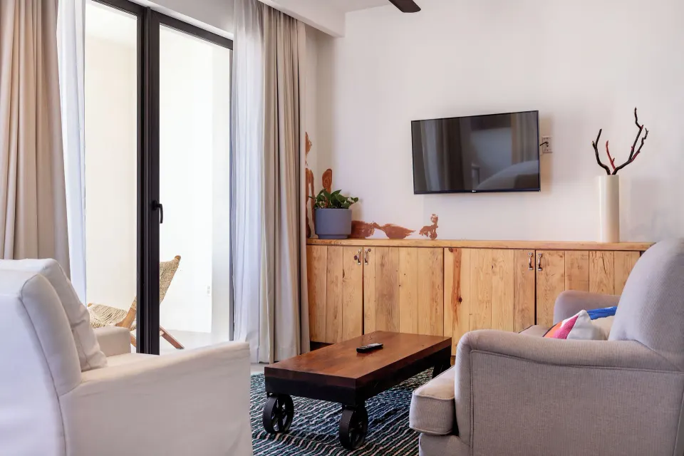 Standard Suite living area with sofa, TV, and terrace doors at Hotel El Ganzo.