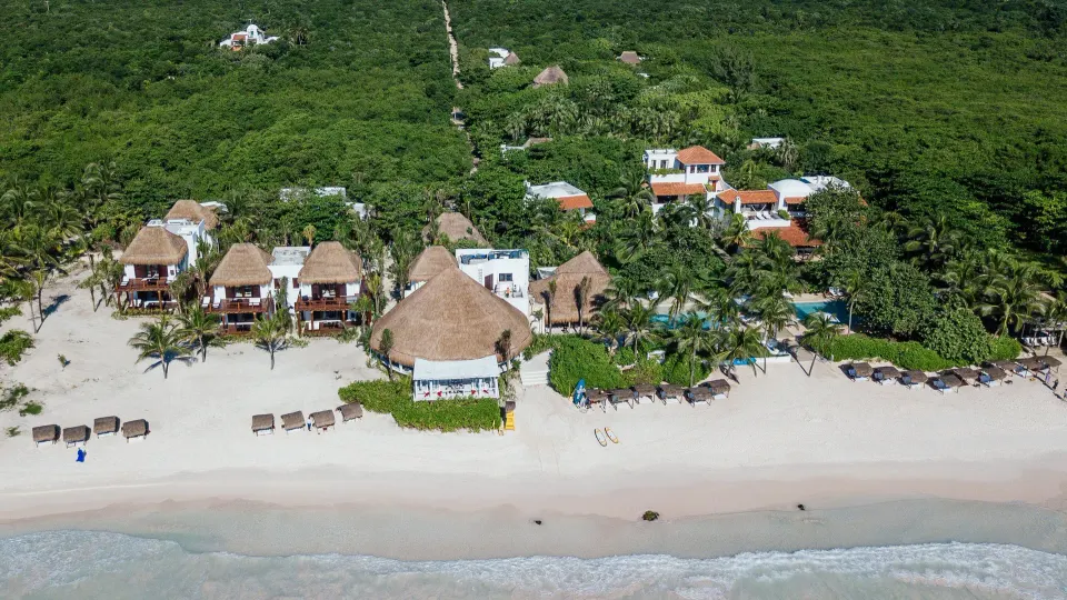 Aerial view of beachfront villas and palapas along the sand at Hotel Esencia