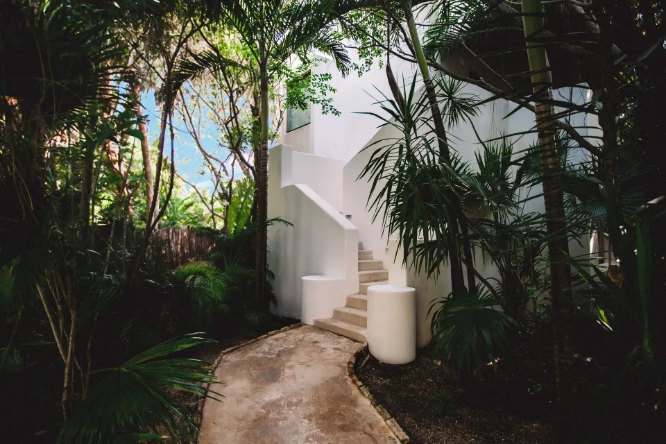 Shaded garden path and white stairway surrounded by tropical foliage at Hotel Esencia.
