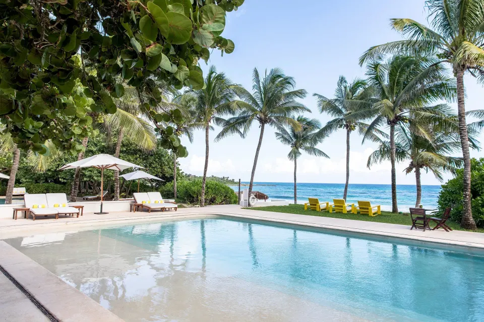 Wide view of pool, palm trees and ocean at Hotel Esencia