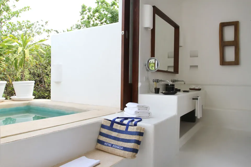 Private plunge pool and bathroom area at Hotel Esencia with a striped tote on the ledge.