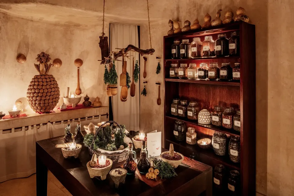 Wooden apothecary shelf and aromatic jars in a treatment room at Hotel Esencia