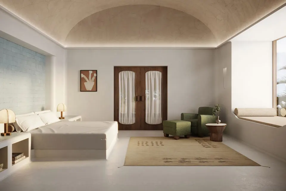 Serene spa treatment room with neutral tones and arched ceiling at Hotel Esencia.