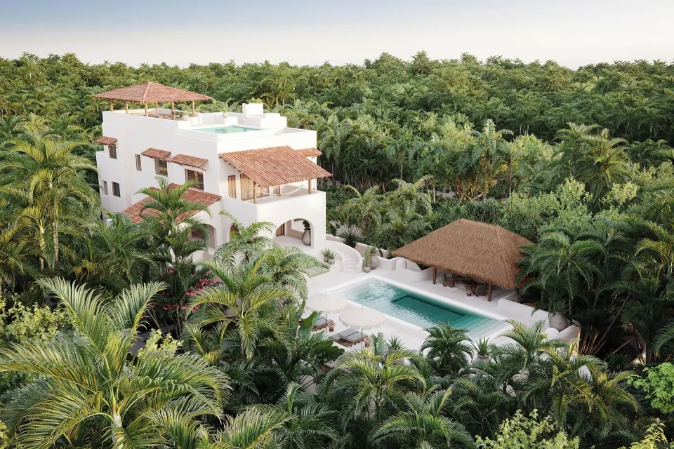 Aerial view of The Hotel Esencia with pool surrounded by jungle at Hotel Esencia