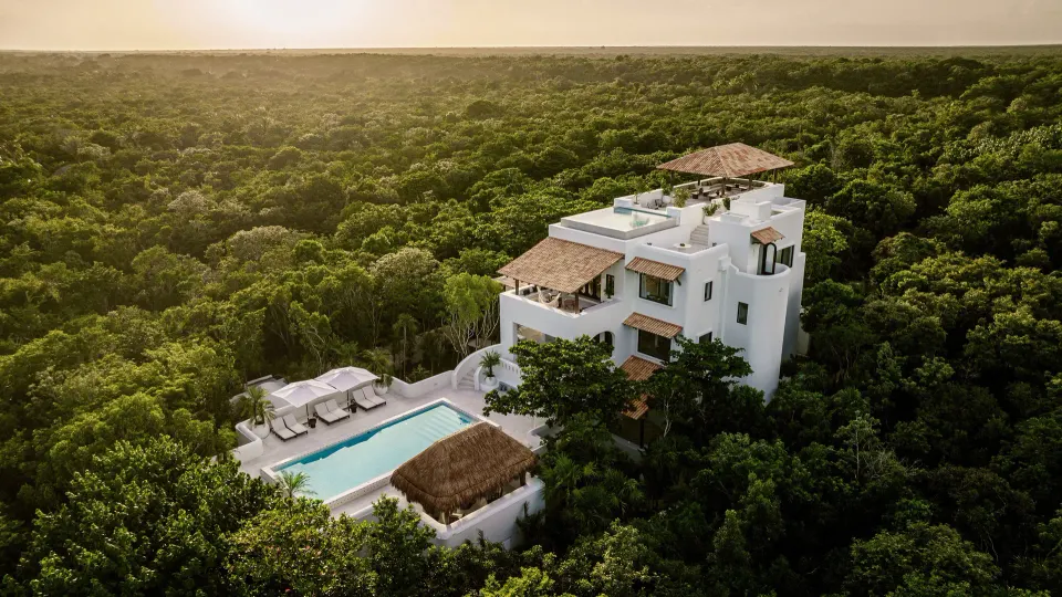 Distant aerial of The Hotel Esencia and pool amid vast forest at Hotel Esencia