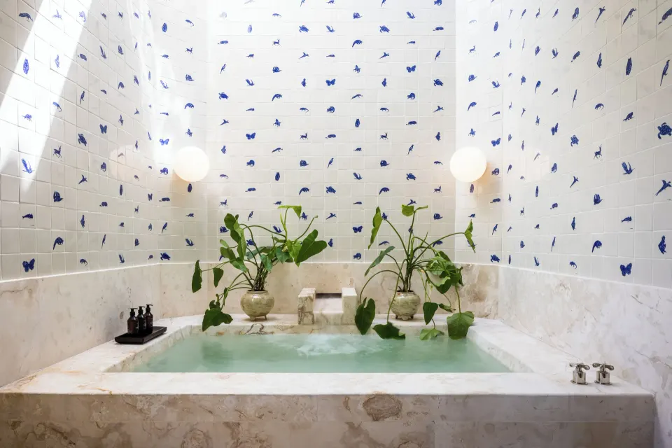 Decorative tiled soaking tub surrounded by plants in The Hotel Esencia at Hotel Esencia