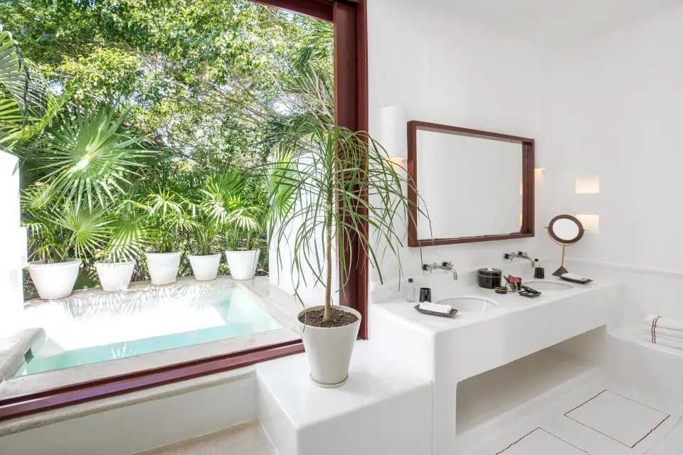 Bathroom interior with view of the plunge pool through a large window at Hotel Esencia