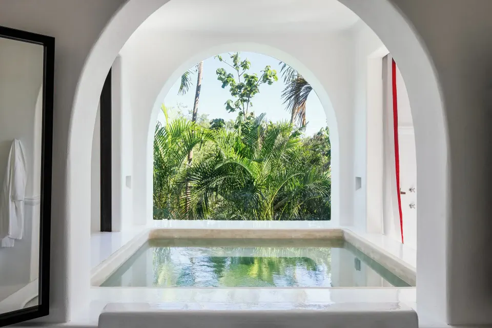 Arched indoor plunge pool framed by lush palms visible through large window at Hotel Esencia