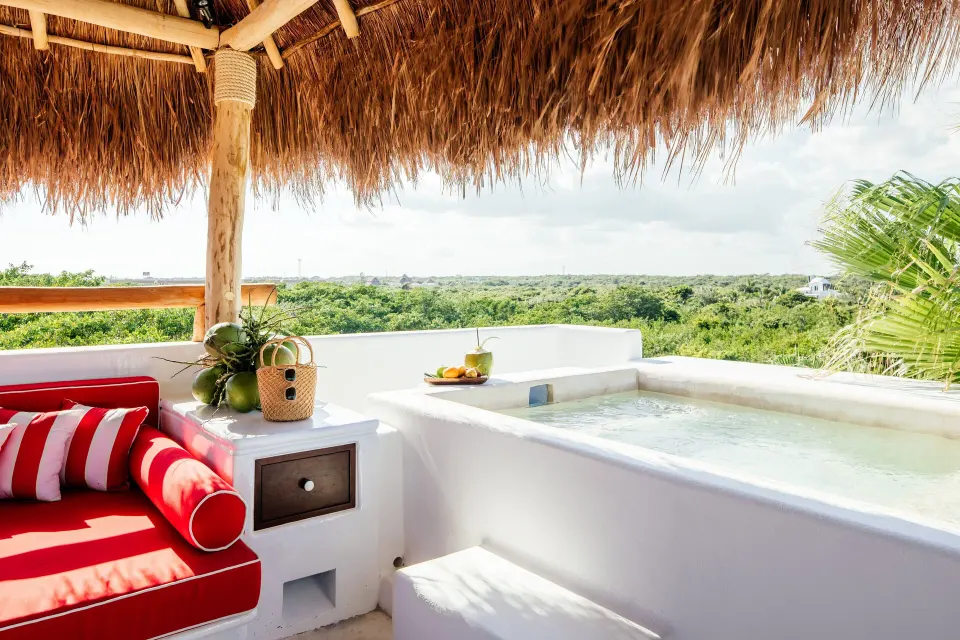 Rooftop plunge pool and palapa lounge with red cushions at Hotel Esencia