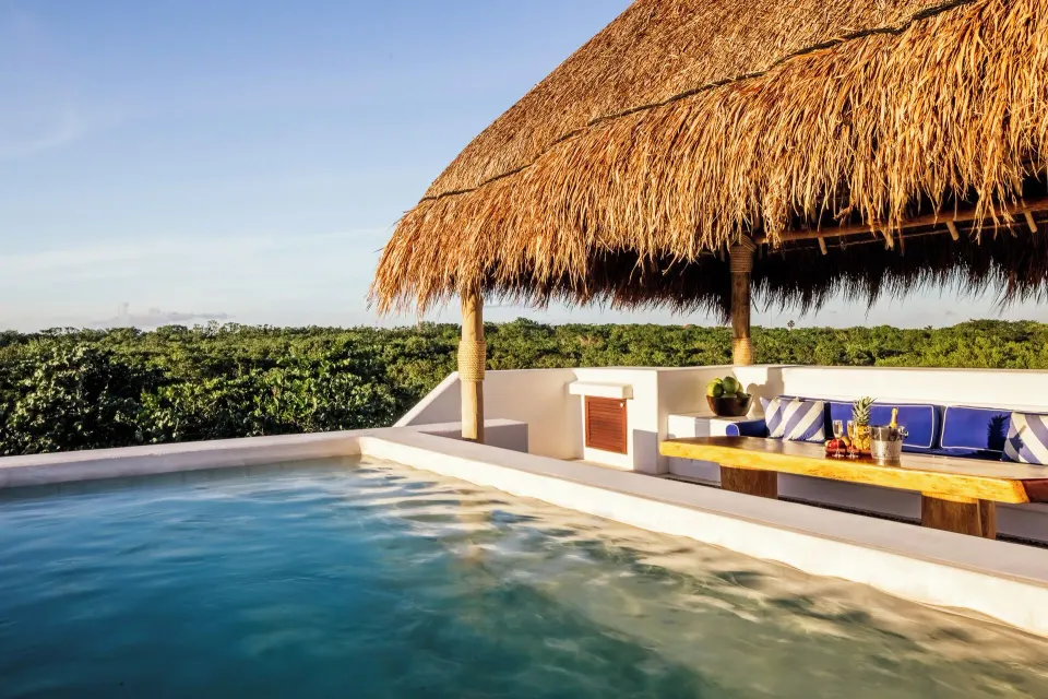 Rooftop pool and palapa lounge with blue cushions at Hotel Esencia