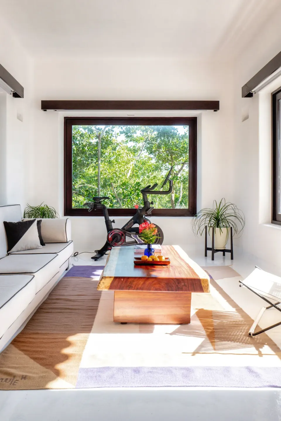Bright living room with sofa, coffee table and exercise bike at Hotel Esencia.