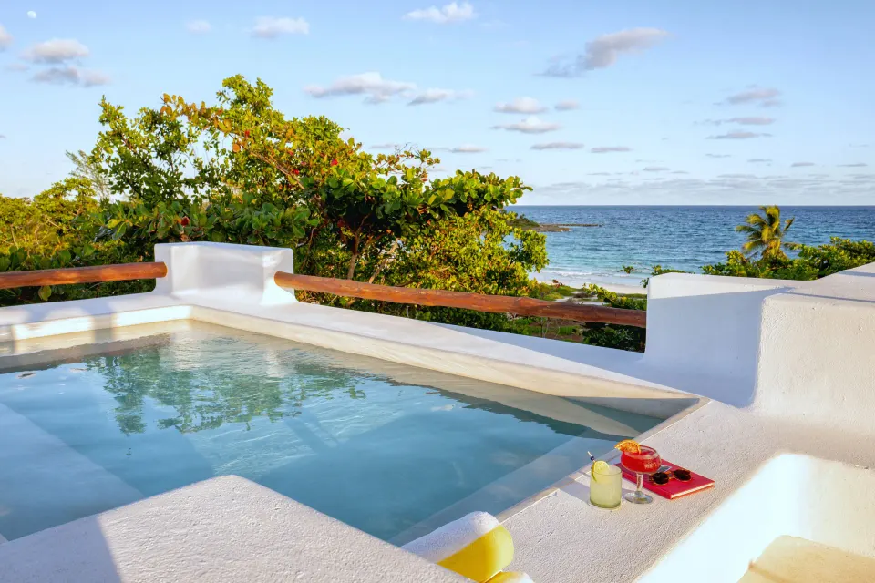 Private pool with ocean beyond and tropical foliage at The Esencia suite, Hotel Esencia.
