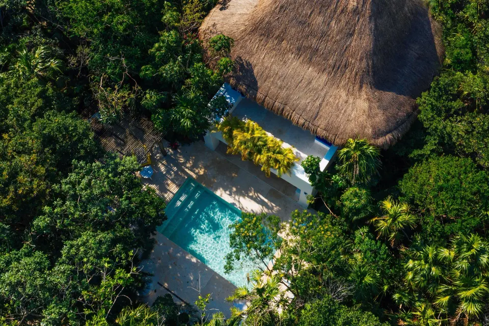 Aerial view of villa pool and thatched roof surrounded by jungle at Hotel Esencia