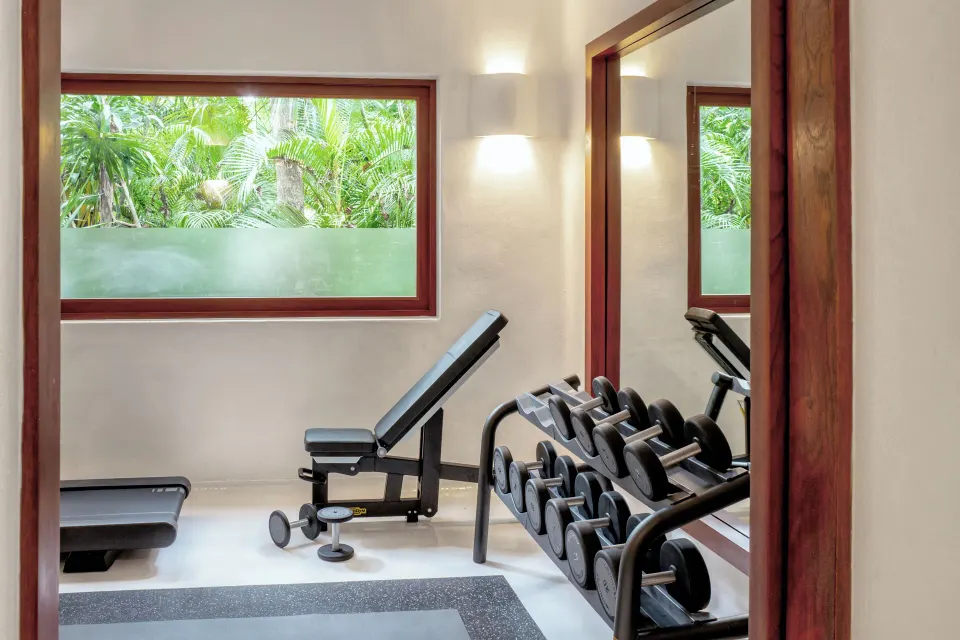 Villa workout area with adjustable bench and dumbbells at Hotel Esencia.