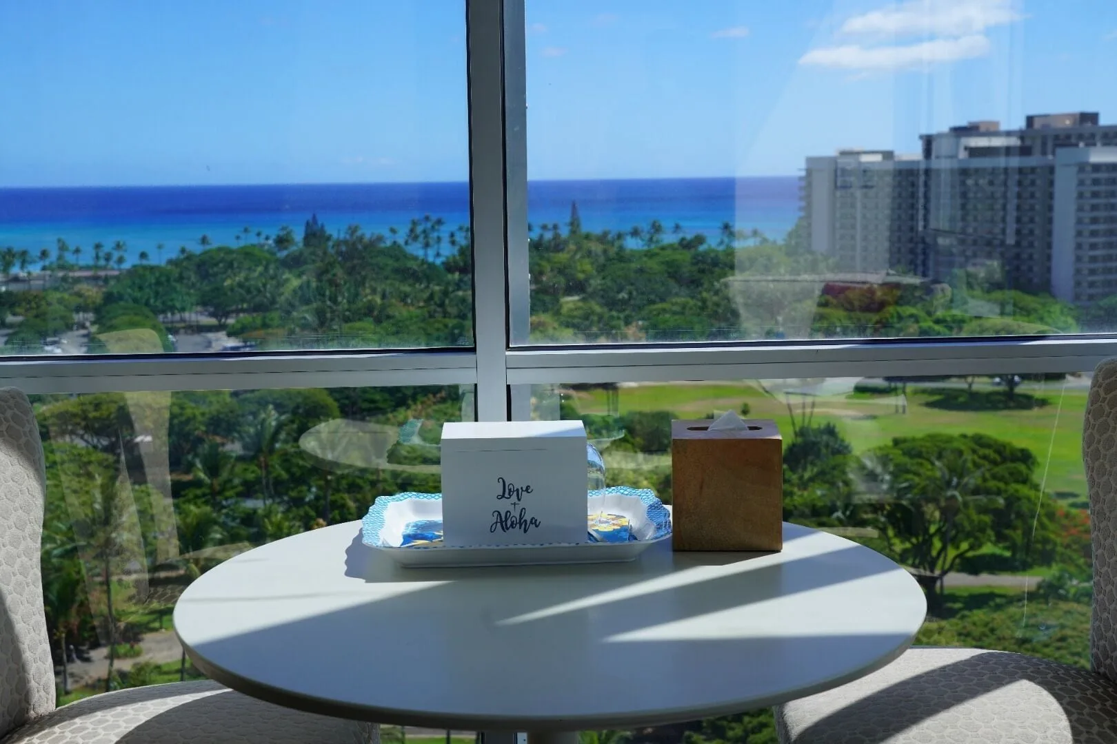 Ocean and park view from a guest room table at Hotel La Croix.