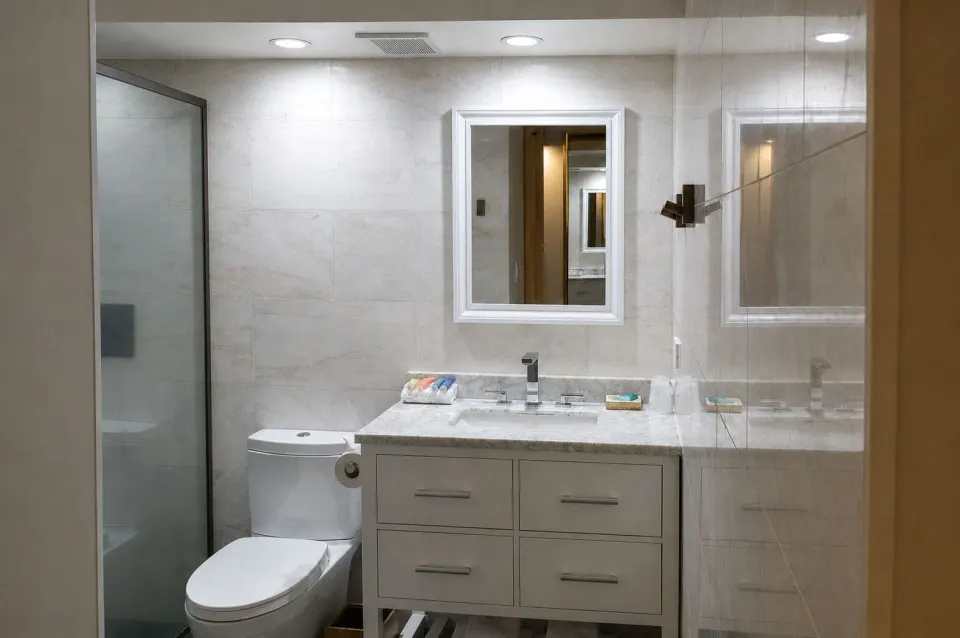 Ali'i Waikiki Two bathroom vanity and toilet at Hotel La Croix.