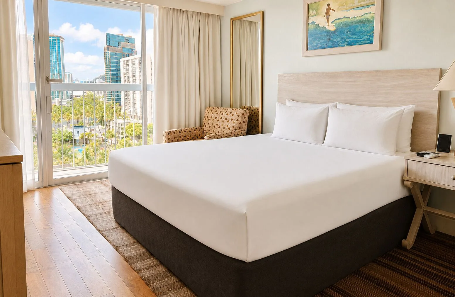 Ali'i Waikiki king guest room at Hotel La Croix with city-view windows, armchair, and surf artwork.