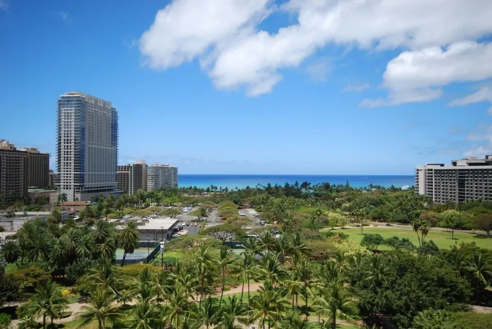 Ocean and city skyline view from Penthouse Hoku Skyline Direct Oceanview at Hotel La Croix.