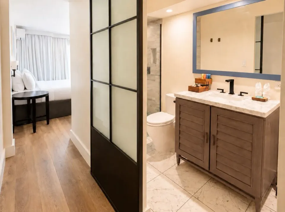 Penthouse Hoku Terrace ADA bathroom and bedroom entry at Hotel La Croix.