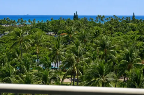 Premium Kalakaua Haus Oceanview lanai view over palms to the ocean at Hotel La Croix.