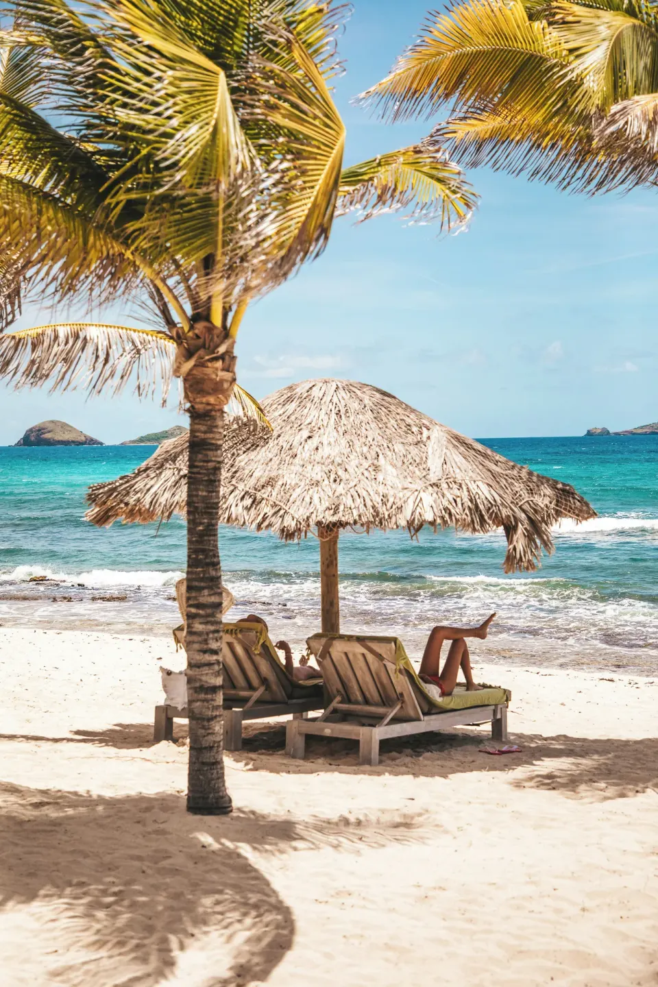 Beach loungers beneath a palm and thatched umbrella at Hotel Manapany.