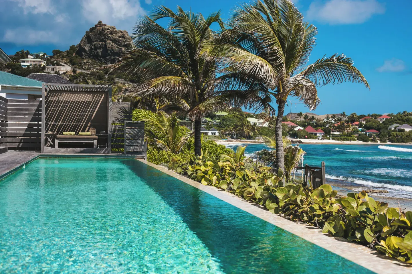 Pool bordered by palms, sea grape plants and a coastal village view at Hotel Manapany.