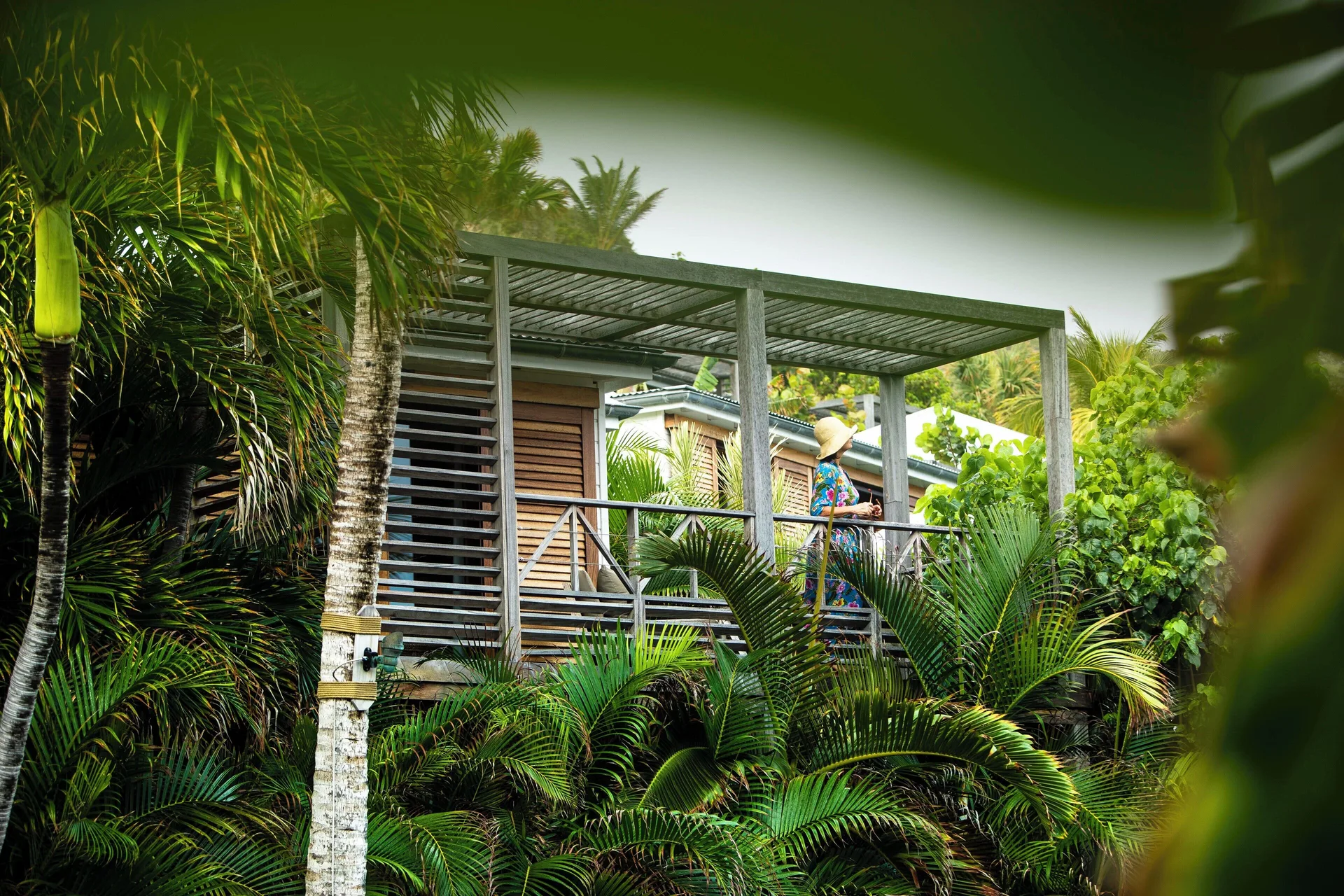 Garden View Room exterior terrace surrounded by dense tropical plants at Hotel Manapany.