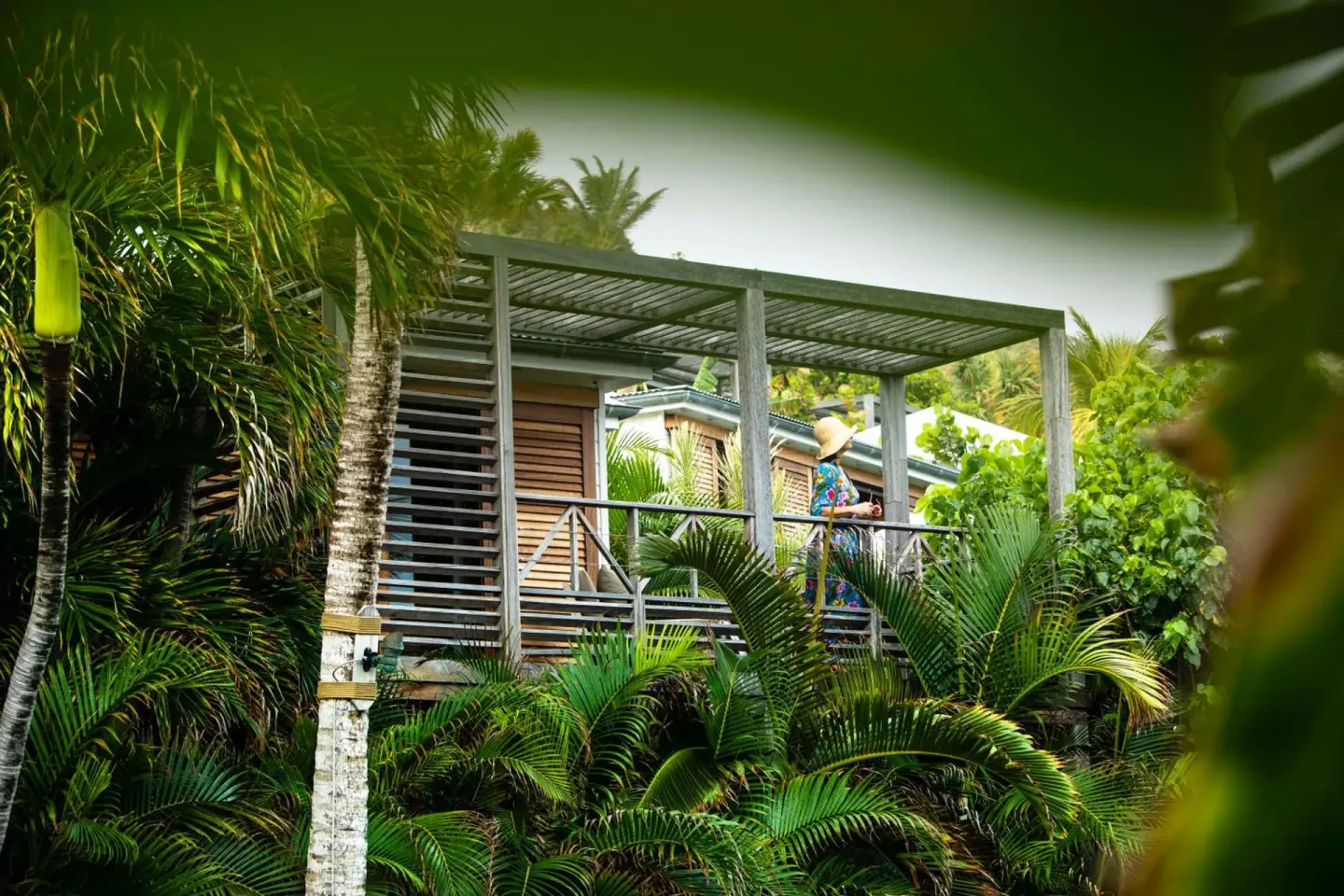 Tropical Room exterior terrace surrounded by palms at Hotel Manapany.