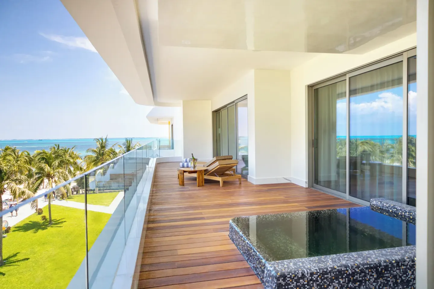 Ocean-view terrace of a Two Bedroom Master Suite at Hotel Mousai Cancun with plunge pool.