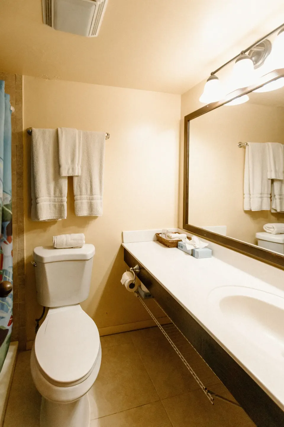 Bathroom vanity, toilet, towels, and shower curtain at Hotel on the Cay.