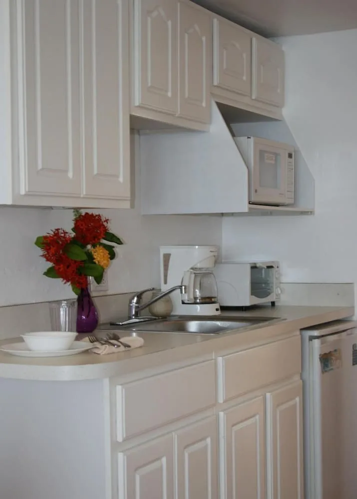 A guest room kitchenette with white cabinets and small appliances at Hotel on the Cay.