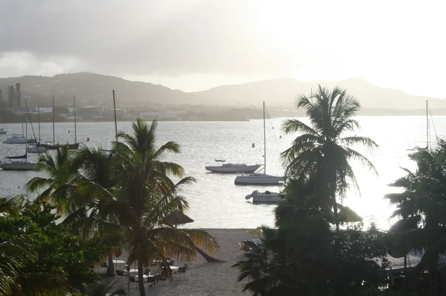 Sunlit harbor view with palm trees, beach, and sailboats at Hotel on the Cay.