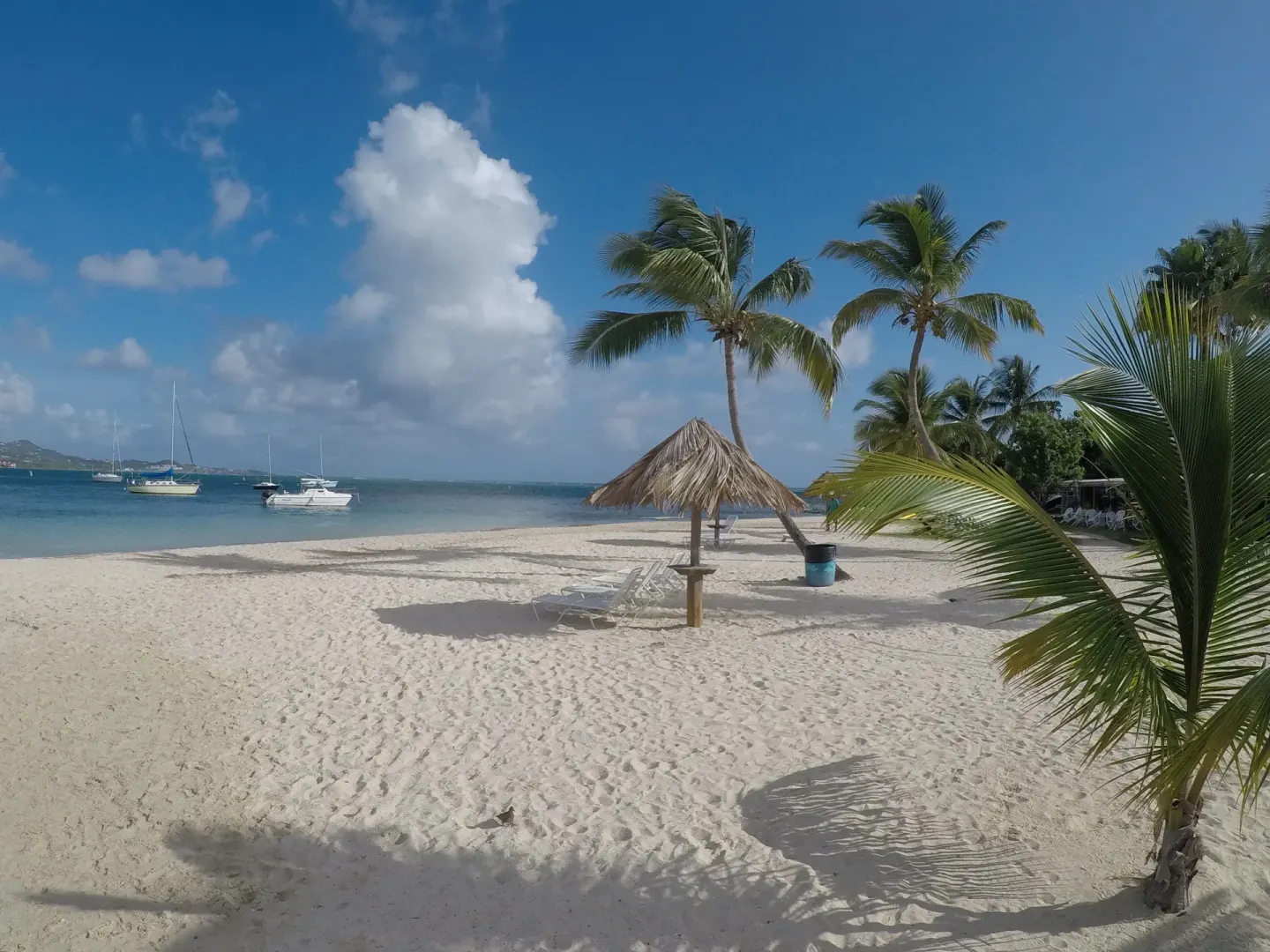 Sandy beach with a thatched umbrella, palms and boats offshore at Hotel on the Cay.