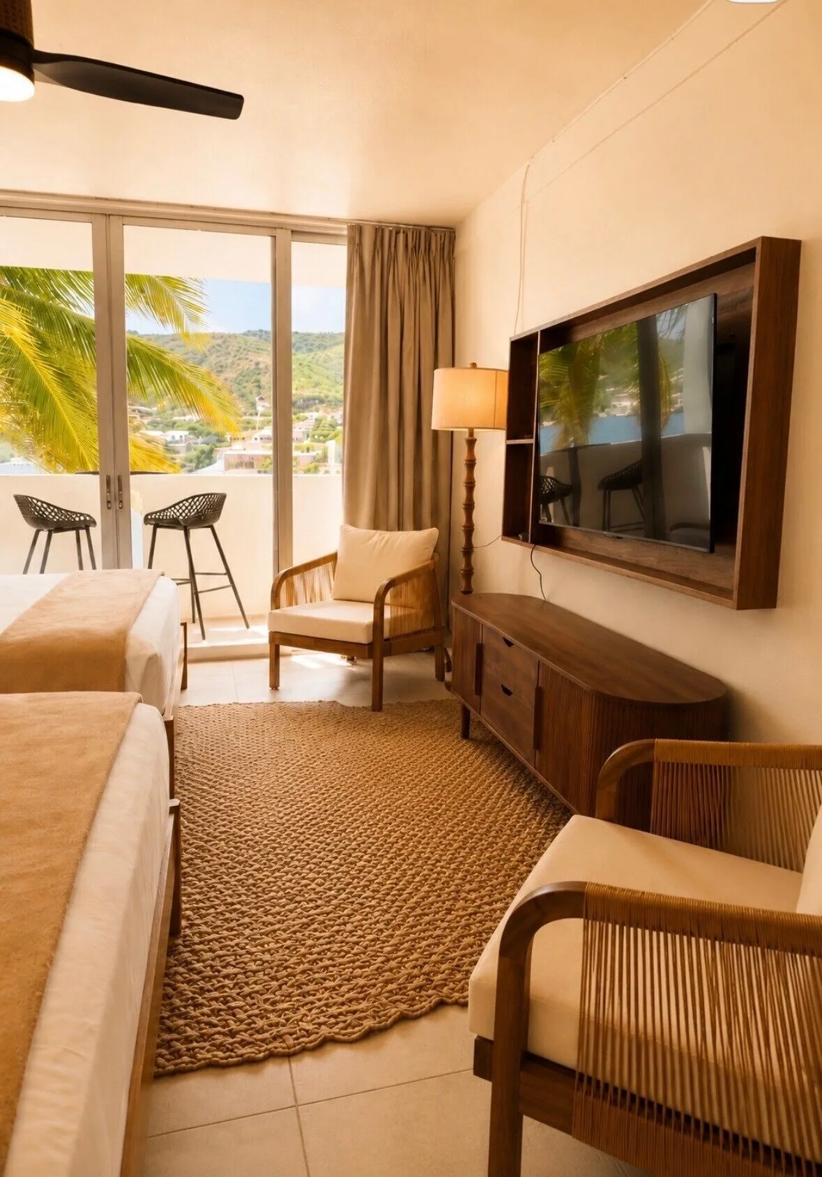 Deluxe bay view room with two beds, balcony, and seating at Hotel on the Cay.