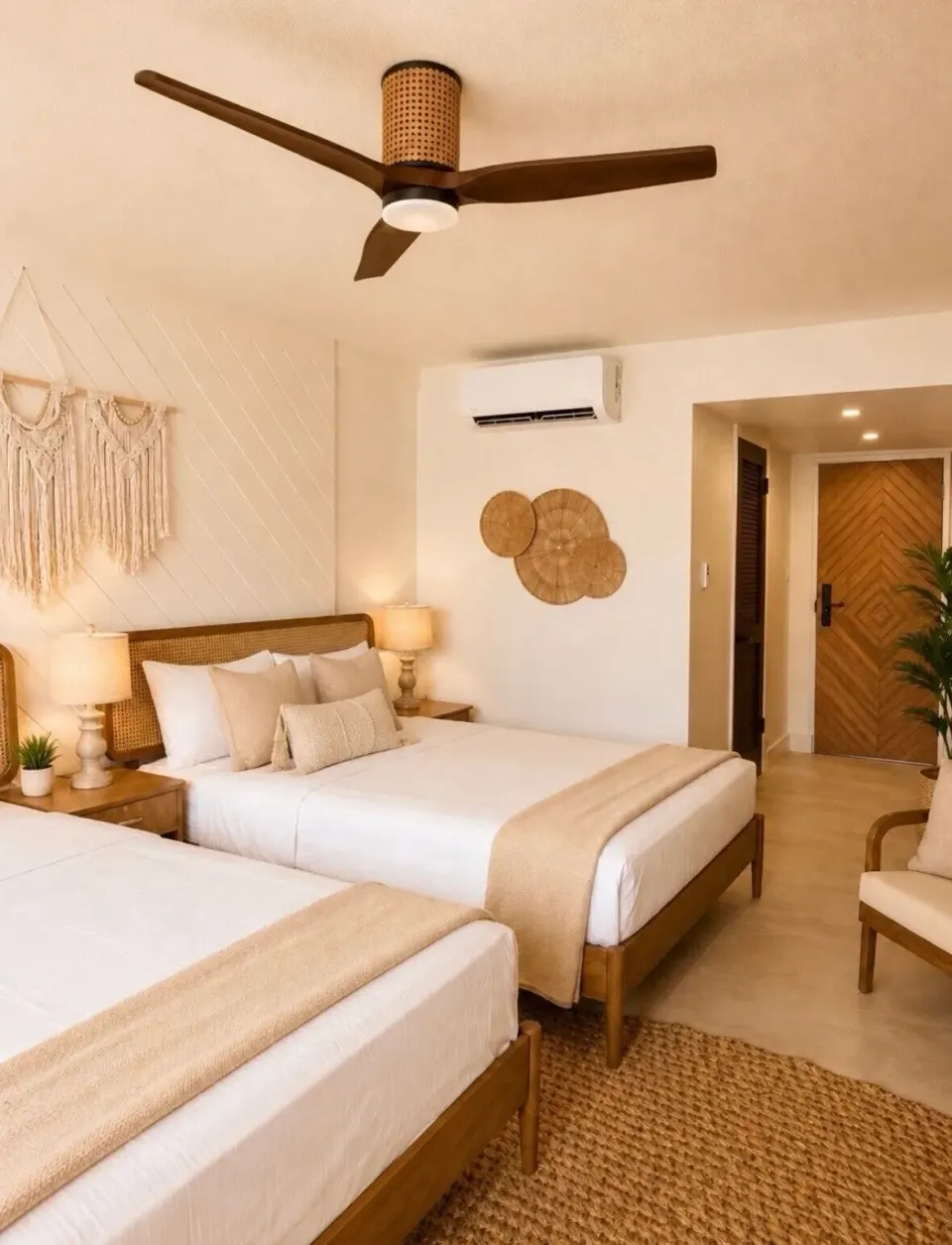 Deluxe room with two beds, ceiling fan, woven decor, and entry at Hotel on the Cay.