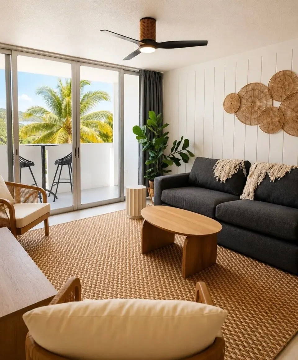 Suite lounge with sofa and balcony doors at Hotel on the Cay.