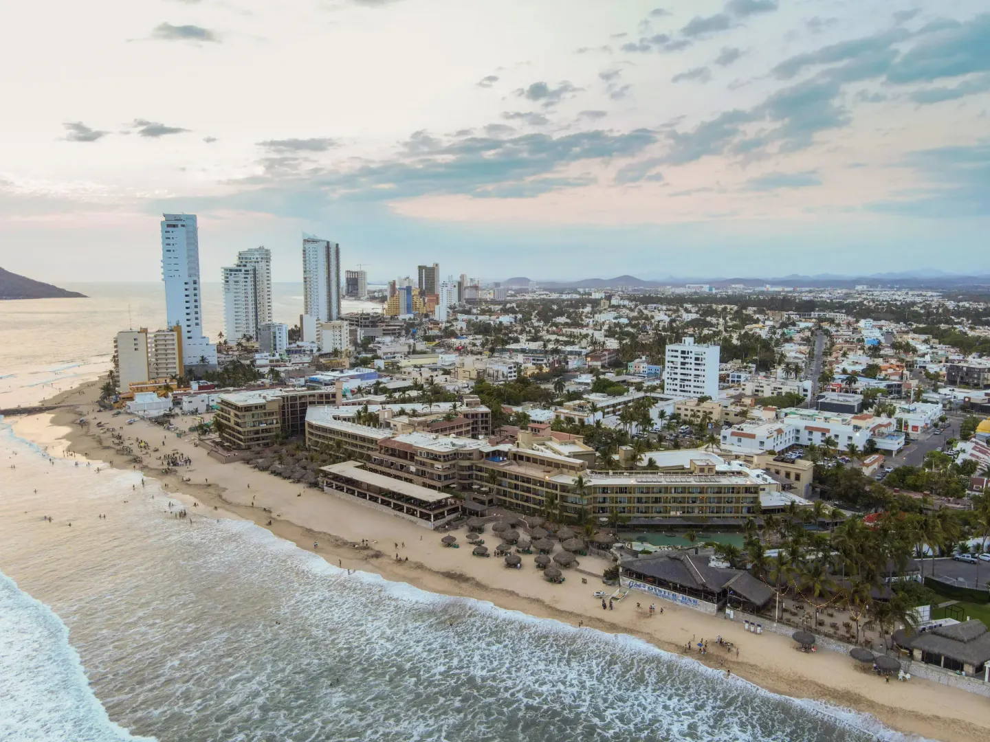 Aerial view of the beachfront resort and Mazatlan coastline at Hotel Playa Mazatlan.