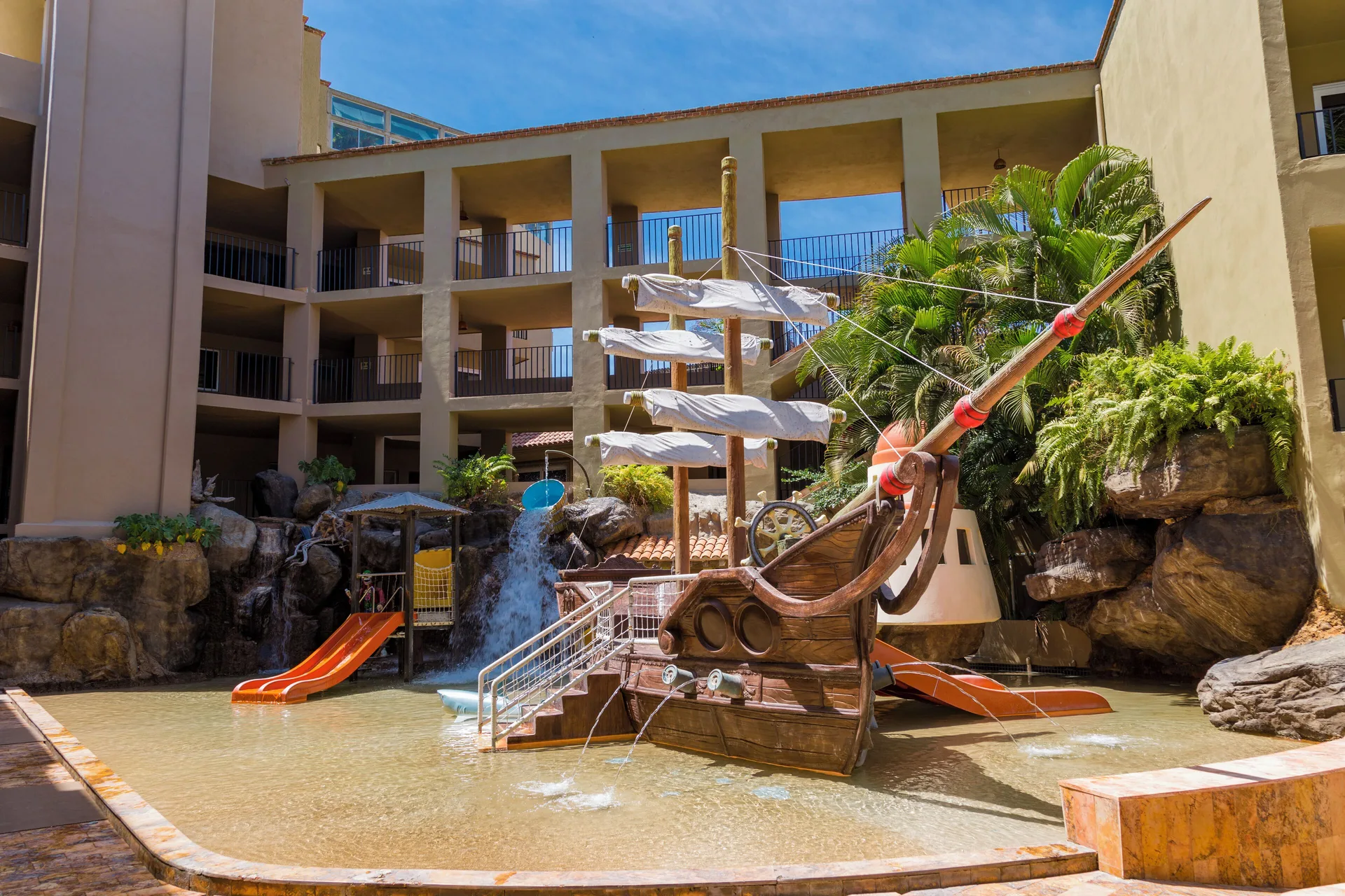 Children's pool with pirate ship play structure at Hotel Playa Mazatlan.