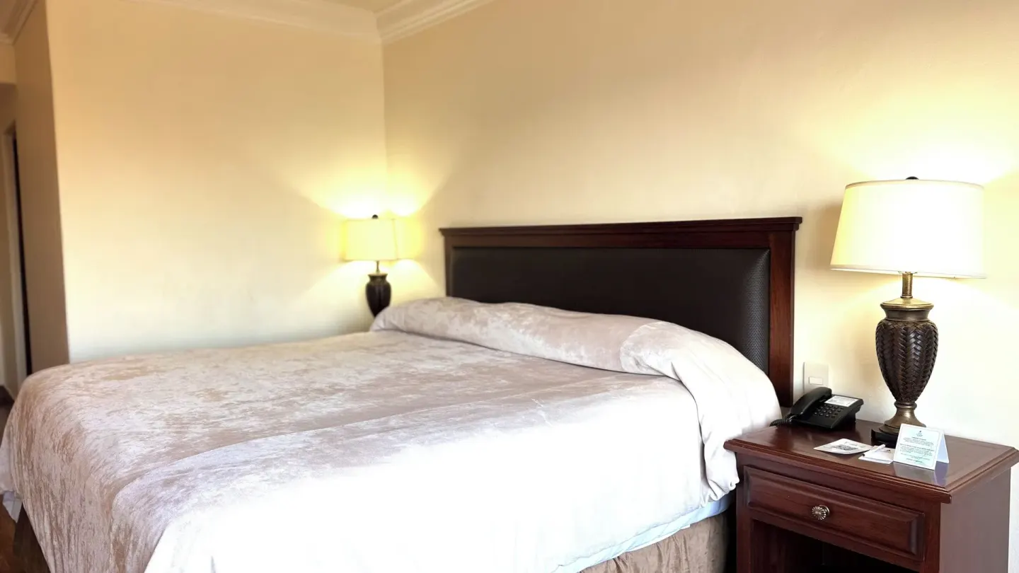 One-bed guest room with nightstand and phone at Hotel Playa Mazatlan.