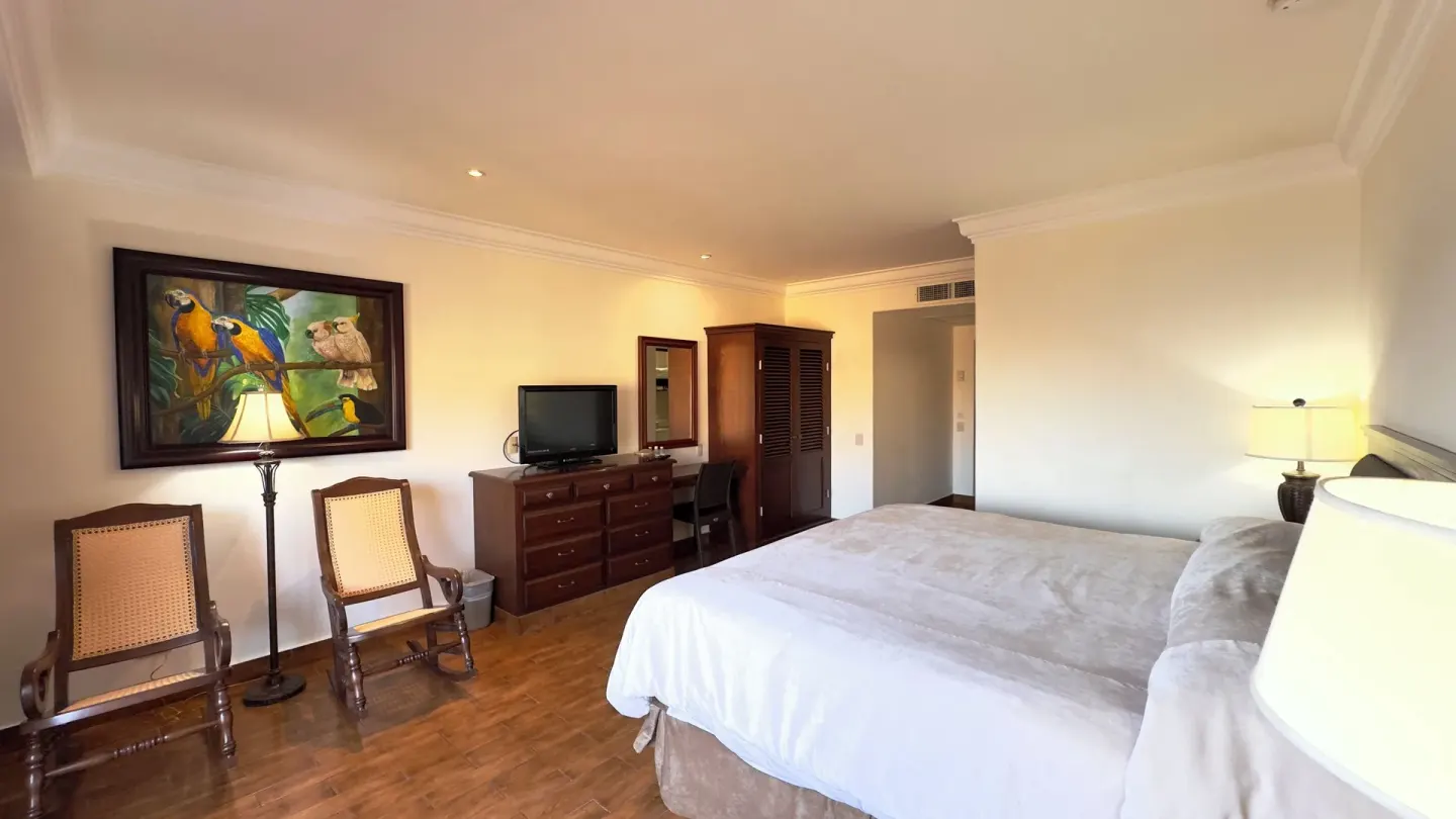 One-bed guest room with seating, TV, and wood furniture at Hotel Playa Mazatlan.