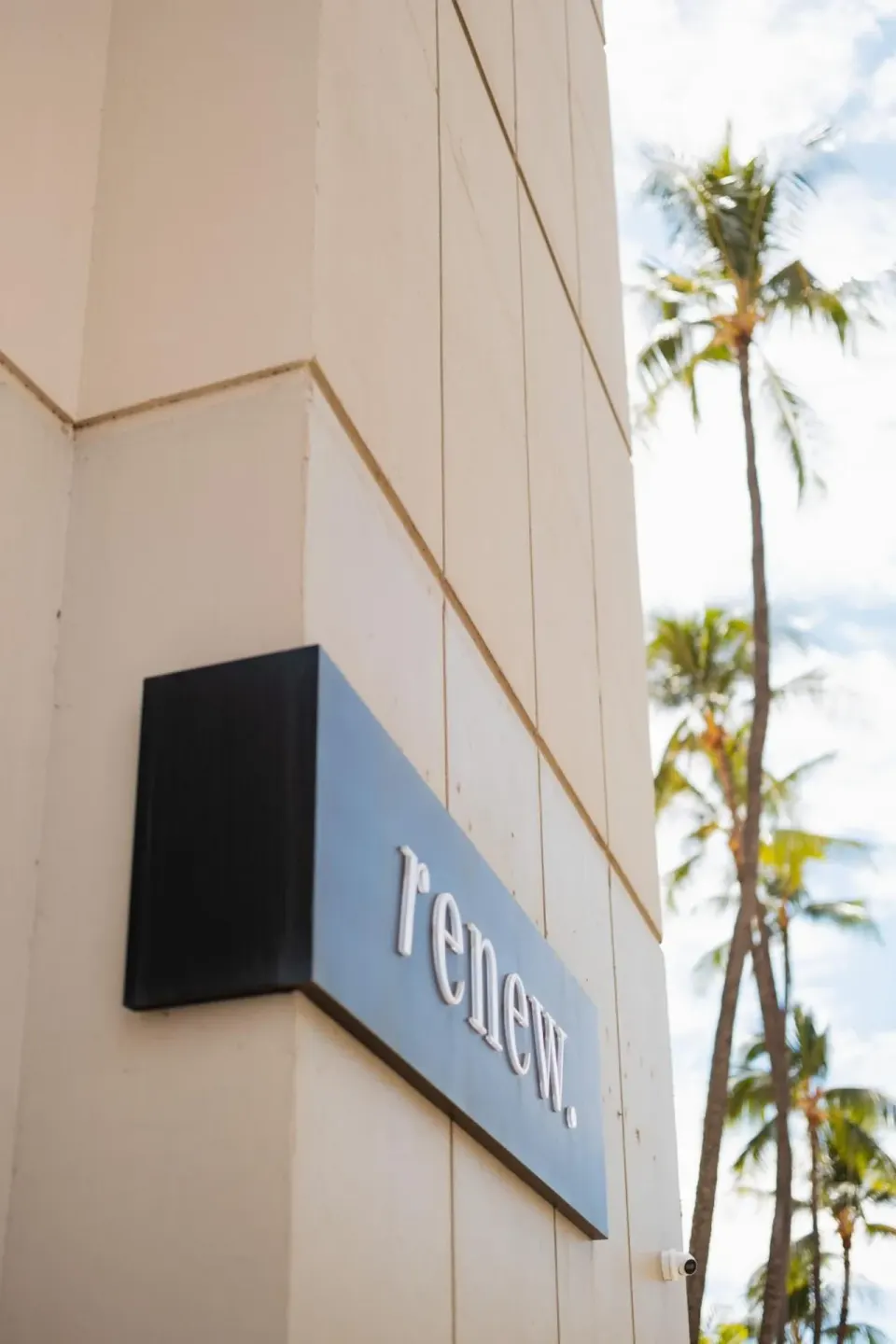 Exterior Hotel Renew sign mounted on the building with palm trees in the background.