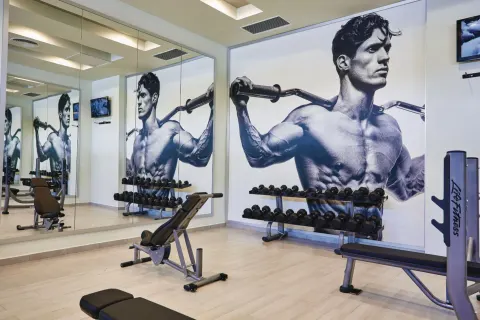 Weight area with dumbbells, benches, and wall mural at Hotel Riu Bambu.