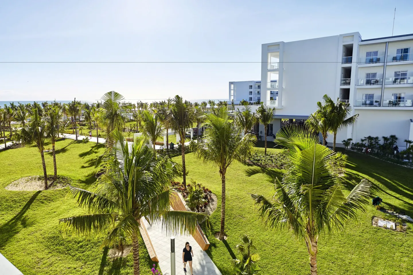 Palm-lined garden walkway beside guest room buildings at Hotel Riu Dunamar.