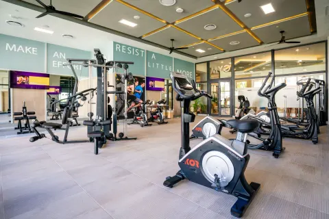 Gym with exercise bikes, cable machine, and cardio equipment at Hotel Riu Latino.