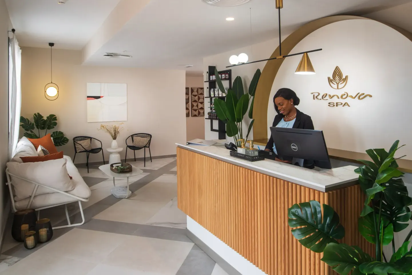 Spa reception desk and seating area at Hotel Riu Ocho Rios.
