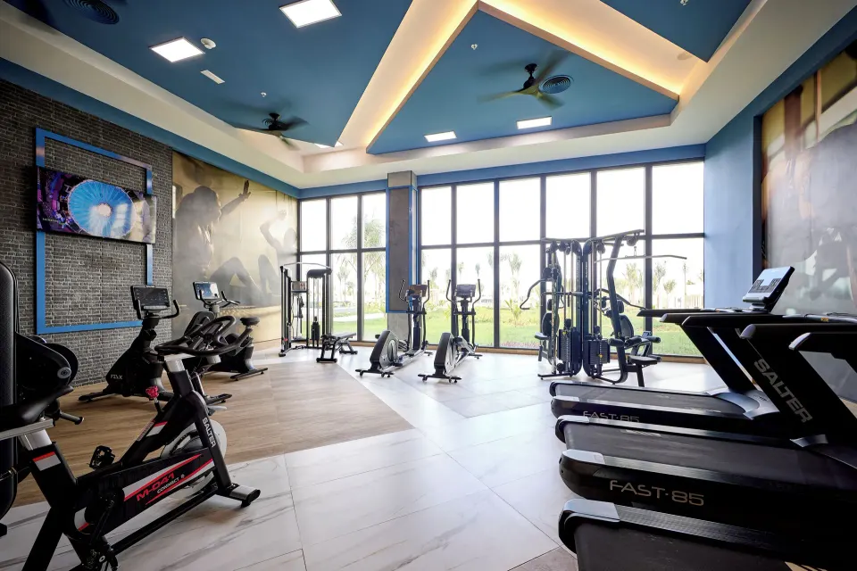 Resort gym with treadmills, bikes, and cable machines at Hotel Riu Palace Aquarelle.