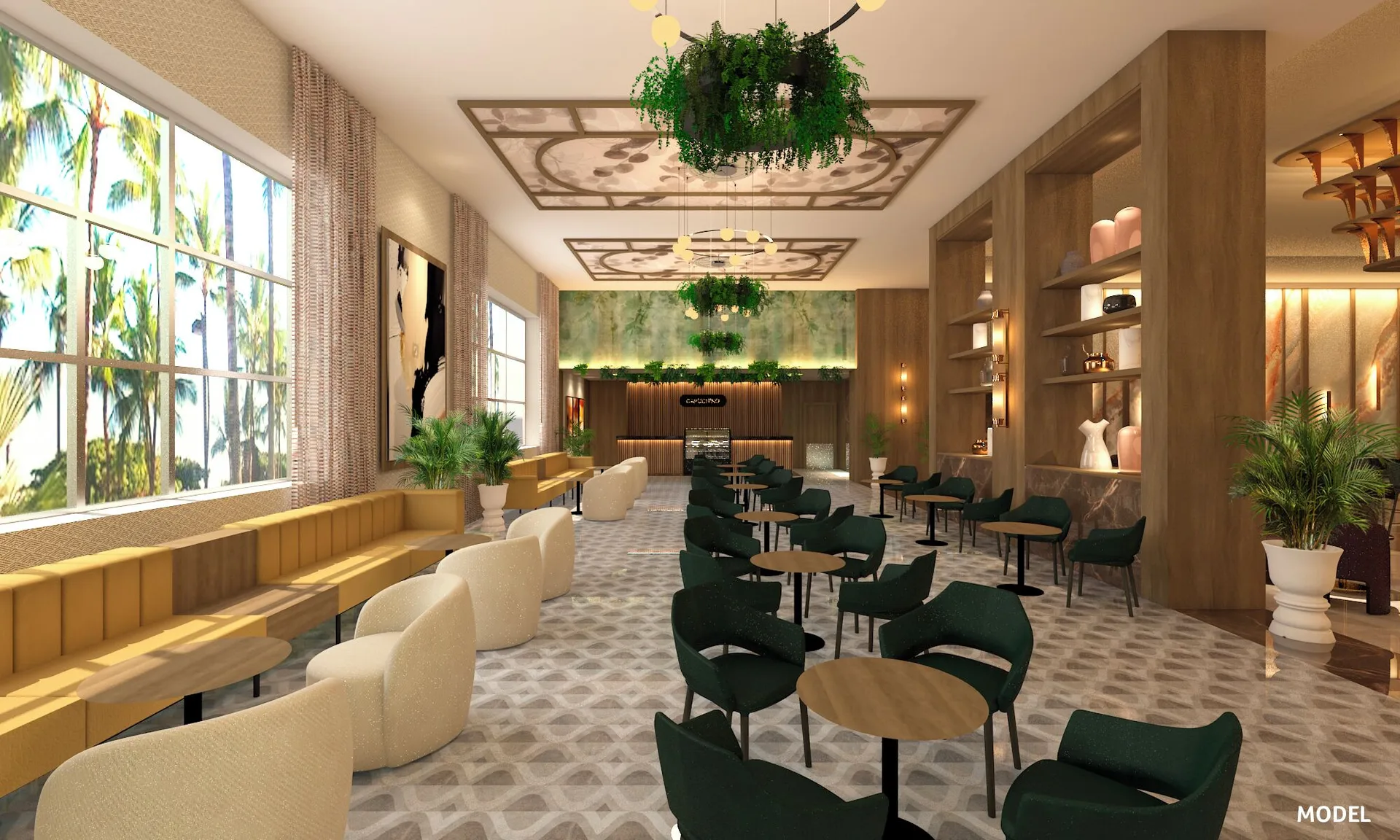 Palm Beach bar lounge with green chairs and large windows at Hotel Riu Palace Aruba.