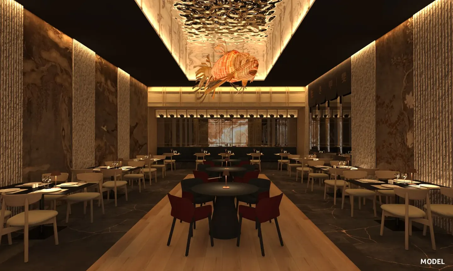 Asian-inspired dining room with fish ceiling decor at Hotel Riu Palace Aruba.