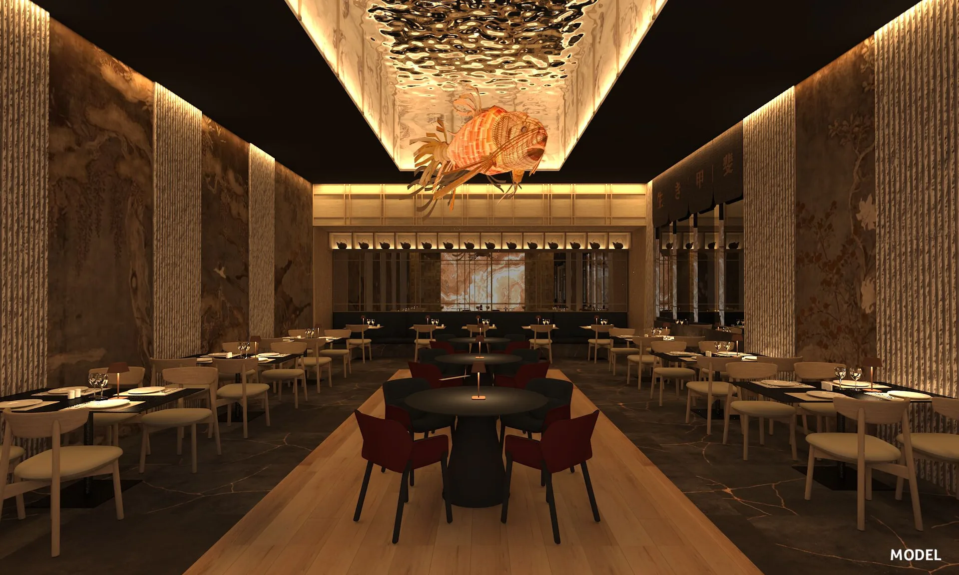 Asian-inspired dining room with fish ceiling decor at Hotel Riu Palace Aruba.